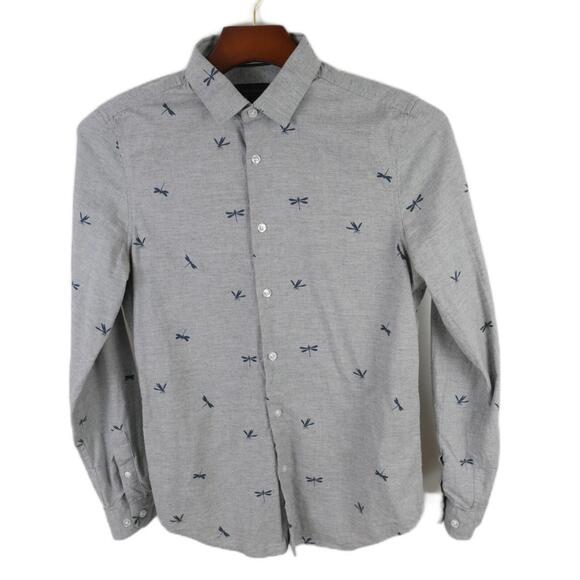 Threadbare Mens Cotton Button Up Heather Gray Dragonfly Dress Shirt Small - Picture 2 of 8
